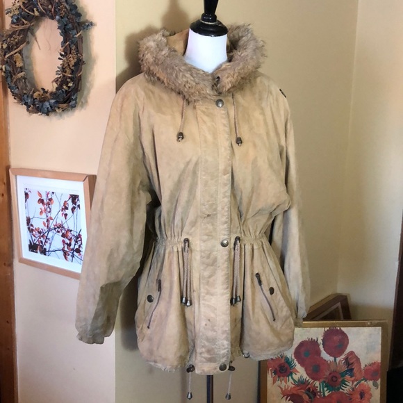 Shea Paris Vail size 14 Suede Leather & Fur Parka Made in USA Cinched Waist Tan - Picture 3 of 16